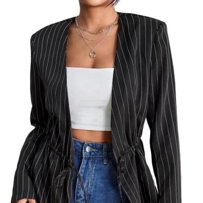 China Custom Made Striped Drawstring Women's Custom Striped Long Sleeve Women's Anti-Wrinkle Clothing Tops Clothing Blazer Jackets Casual Ladies Blazer for sale