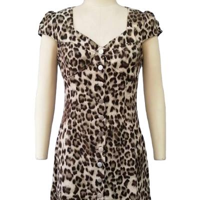 China Latest Breathable Ladies Formal Leopard Print Elegant Dress With Short Sleeves With Center Front Opening Mini Dress for sale