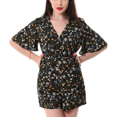 China Newest Fashion QUICK DRY Ladies Print Half V-neck Sheath Overalls With Pocket Women's Mini Jumpsuit for sale