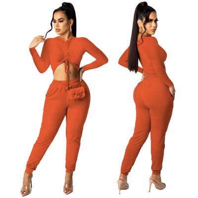 China 2021 Drawstring Sustainable Crop Top Autumn&Winter Womens Suits Pile Pants Solid Color 2 Pieces Set for sale