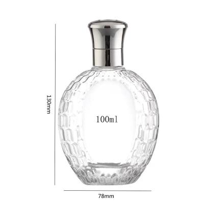 China 100ml Eco-friendly Recyclable Round Shape With Pattern Glass Perfume Essential Oil Bottle Wine Liquor Bottles for sale