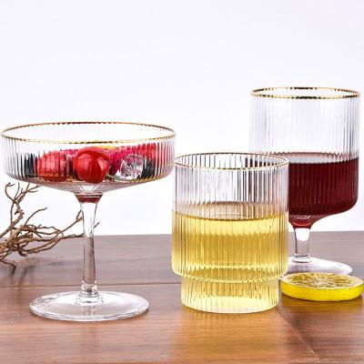 China Crystal Ripped Gold Rimmed Gold Rimmed Glass Tumbler Long Stem Wine Goblet Cup for sale