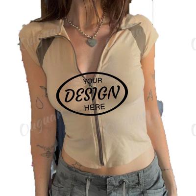 China Breathable Vintage Khaki Patchwork Crop Tee Shirts Harajuku Zip Up Cute Slim Women Clothes Print  Summer Casual Tops Cute for sale