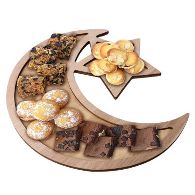 China Wooden Crescent Moon Star Eid Ramadan Tableware Dessert Pastry Serving Tray Rustic Party Food Engraving Eid Table Decorations Dessert Tray for sale