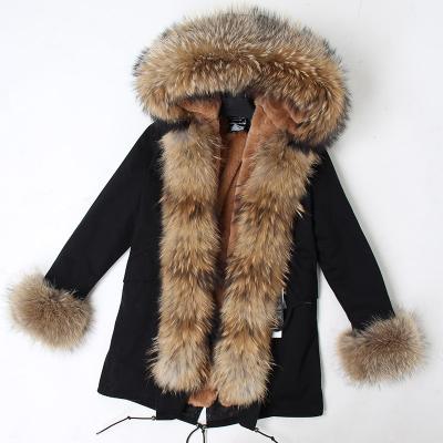 China Mini Real Fur Anti-wrinkle Parka Women Winter Jacket Hooded Warm Faux Raccoon Fur Coat Lining for sale