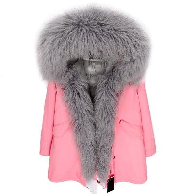 China Free Shipping Anti-wrinkle Down Jacket Hooded Coat Ladies Luxurious Winter Lamb Sheep Fur Parka Pink Colors for sale