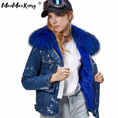 China free shipping big raccoon fur collar anti-wrinkle girl bomber jacket faux fur thick coat denim jacket for sale