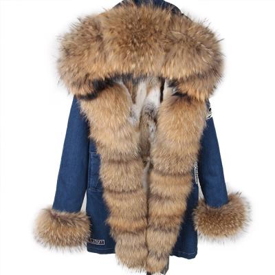 China free shipping new winter Anti-wrinkle real fox fur denim coats women jackets parkas real rabbit fur hooded lining for sale