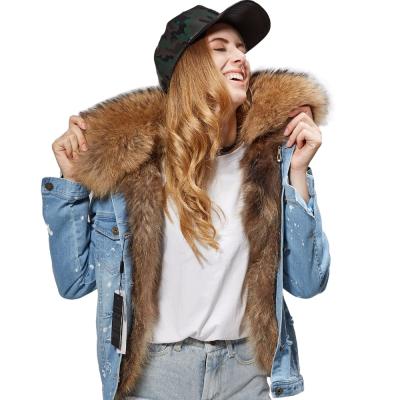 China Free shipping Anti-wrinkle denim fox fur shorts jacket coat 100% real dark blue raccoon fur collar bomber jacket for sale