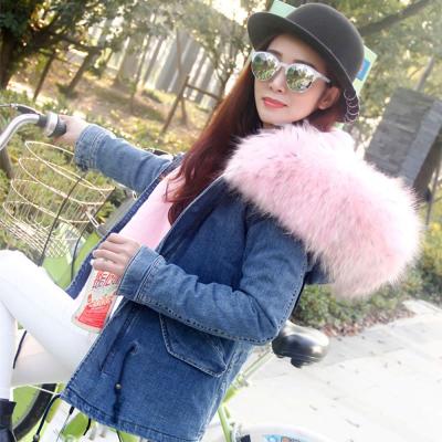 China free shipping 100% raccoon fur short thick female oversized collar authentic winter Anti-wrinkle jacket denim coat for sale