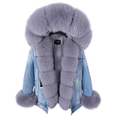 China Free shipping Anti-wrinkle winter fur denim jacket fur collar coat fox fur lady women super warm parka for sale