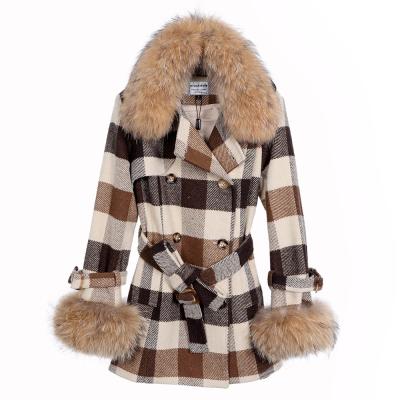 China free shipping korean woolen coat coat autumn and winter plaid coat anti-wrinkle women winter raccoon fur collar thin woolen coat for sale