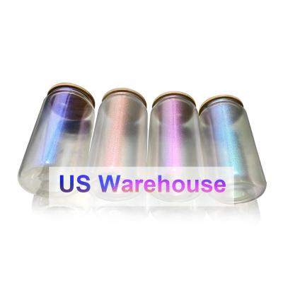 China Sublimation New Arrival in USA 16oz Rainbow Soda Juice Crystal Box Shaped Iridescent Sublimation Beer Can Glass with Bamboo Lid and Straw for sale