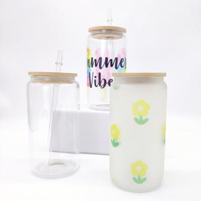 China Fast Viable Delivery 16oz 12oz Beer Soda Sublimation Clear Frosted Glass Mug Can With Bamboo Lid And Straw for sale