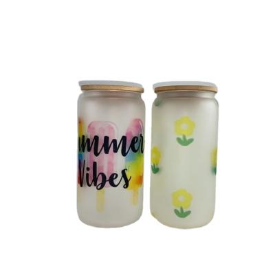 China USA 16oz Viable Iced Coffee Drinks Mug Milk Soda Glass Beer Can Shaped Sublimation Glass With Bamboo Lid And Straw for sale