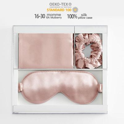 China Anti-Static Custom Private Label 100% Silk Scrunchie Eye Mask Silk Pillowcase Box Packaging Gift Set 3 Pieces Tie Dye Vegan Pillow Case Set for sale