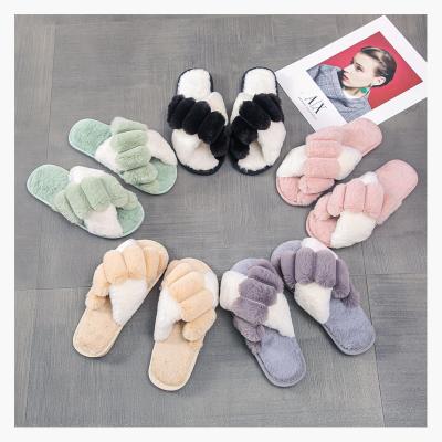 China Fashion Trend Hot Selling Color Cotton Fuzzy House Shoes Flat Heel Stylish Casual Warm Ladies Slippers for sale