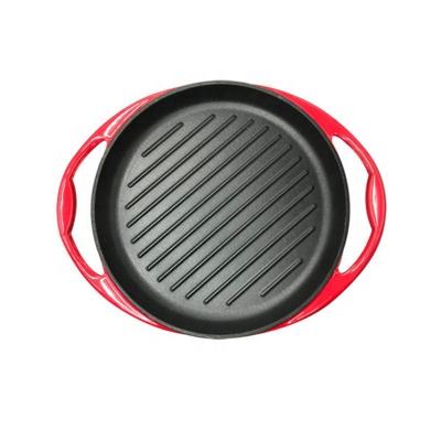 China General Use For Gas And Induction Cooker Red Enamel Round Tray Baking Cast Iron Striped Steak Skillet Cast Iron Frying Grill Pan for sale