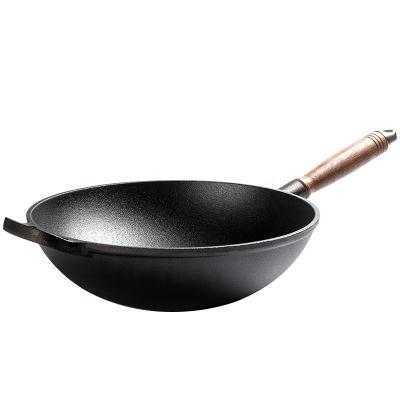 China Cast Iron Wok Pan Sustainable Chinese Traditional Stick Non Cooking Pan Cast Iron Wok Pan With Wooden Handle for sale