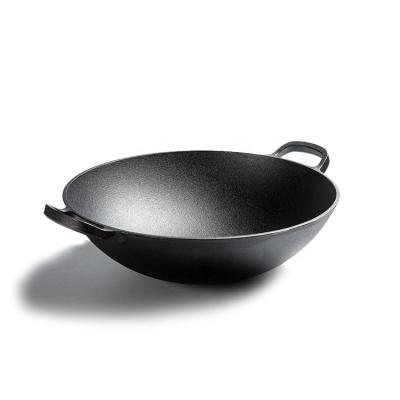 China Stron Sustainable Cast Iron Thai Cookware Sets Wok Pan 36cm Non Stick Cast Iron Wok Pan With Double Handle for sale