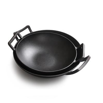 China Sustainable Cast Iron Cookware Sets Double-Ear Dutch Ovens Non Stick Wok Vegetable Oil Cast Iron Wok With Flat Bottom for sale