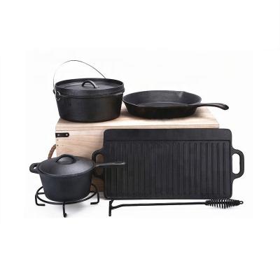 China Sustainable Outdoor Camping BBQ Cookware Sets 7 Pcs Cook Stove Casserole Pots Cast Iron Dutch Oven Sets With Dutch Oven Lid Lifter for sale