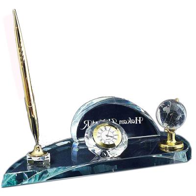 China Organizer Crystal Pen Holder With Clock, Crystal Globe Ornament Office Clock Customs Office Supplies for sale