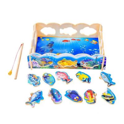 China Cartoon Toy Kids Fishing Games Wooden Ocean Jigsaw Puzzle Board Magnetic Rod Outdoor Fun Toys Children Baby Kids Gift Magnet Fishing for sale