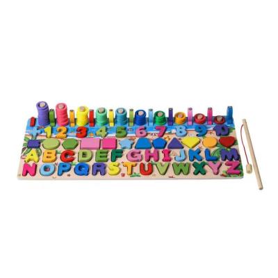 China Woods 6-in-1 wooden multi-purpose fishing logarithm board toy early childhood education alphanumeric matching wooden toy for sale