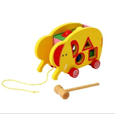 China Cartoon Toy Hot sale classic cartoon animal dragging blocks car rope elephant pulling cart kids learn to walk wooden toys for sale