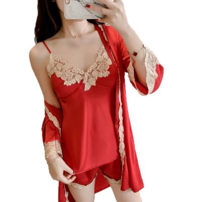 China OEM QUICK DRY Service Customized Logo Printing Solid Satin 3 Pcs Women Pajamas Nightgowns Set With Belt for sale