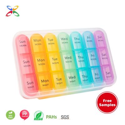 China Eco-friendly Weekly Pill Organizer OEM S GS PAHS ROHS Certification 3 Times A Day 21 PCS Pill Box 7 Day Medicine Storage Box for sale