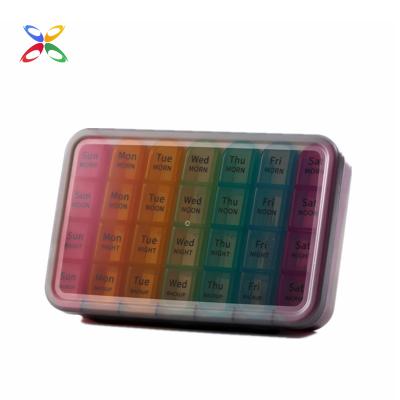 China Eco-friendly Weekly Pill Organizer OEM 7 Days 4 Section Medicine Organizer BPA Free Pill Box 28 Grid BPA Free Pill Box for sale