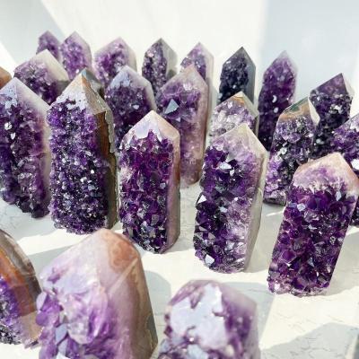 China Europe Natural Druzy Amethyst Crystal Geode Point Tower Rainbow Raw Amethyst  Dark Crystal Polished Obelisk Crown Chakra Healing for sale