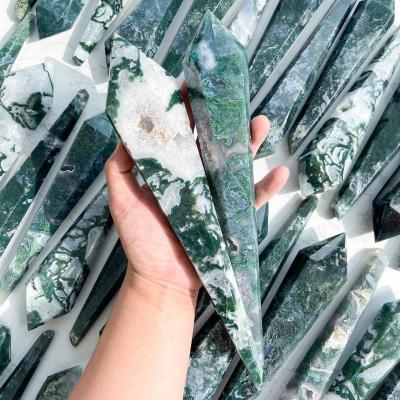 China China Natural Druzy Large Moss Agate Point Wand Crystal Geode Tower Polished Crystal Wand Agate Crystal Handle Heart Chakra Healing for sale