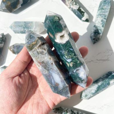 China Europe Natural Druzy Moss Agate Crystal Double Point Agate geode Crystal Stone Wand Agate Point Heart Chakra Healing Wand Tower for sale