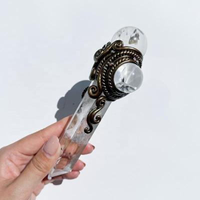 China Europe Natural Hand Made Magic Crystal Point Wand Witch Crystal Tower Clear Quartz Wand Handle Chakra Healing Manifest Wand for sale