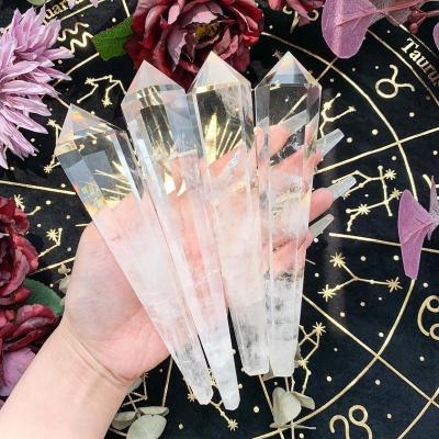 China Europe Natural Rainbow Clear Quartz Crystal Point Tower Crystal Stone Wand Polished Quartz Handle Master Healer Chakra Healing Wand for sale