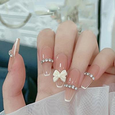 China Color Full Cover French Nude Fake Nail With Faux Stones Luxury Extra Long Coffin Wholesale Press On Nails for sale