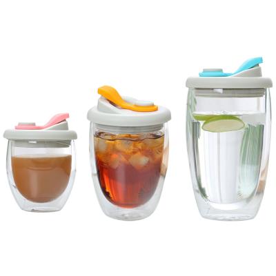 China Disposable Custom Logo Clear Thermal Insulation 250ML 350ML 450ML Double Wall Coffee Glass Cup With Silicone Lid for sale