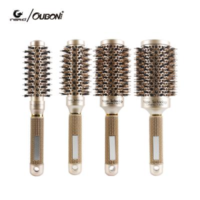 China Nondisposable Anti-static Rubber Ceramic Ionic Round Brush Nylon Bristle Comb Handle Thermal Hair Hair Curling Styling Comb for sale