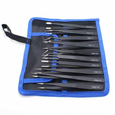 China Durable 10-Piece Set Fine Stainless Steel Canvas Bag Antimagnetic Trimming Tweezers for sale