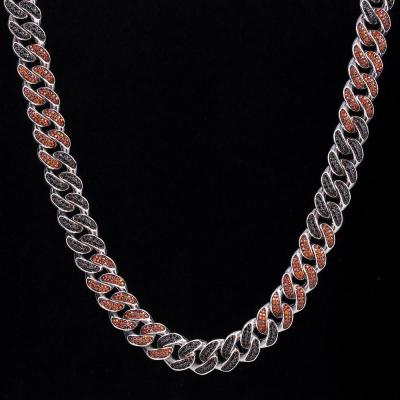 China Hiphop Wholesale 12mm 18inch White Gold Plated Black Red CZ Diamond Iced Cuban Link Chain 2 Row Necklace for sale