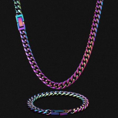 China Other Hip Hop Rainbow Gold Plated Stainless Steel 8mm Cuban Link Chain Necklace Men for sale