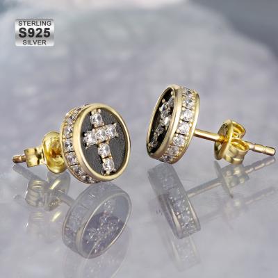 China Hiphop 14k Gold Plated S925 Silver Plated Vintage Cool Cross Cubic Zirconia Hip Hop Male Punk Earring Stud Earrings for sale