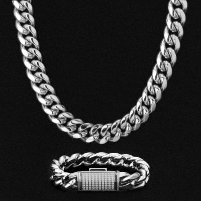 China Hops Jewelry 18mm Rhodium Non-fading Silver Plated CZ To Hugging Cuban Link Stainless Steel Chain for sale