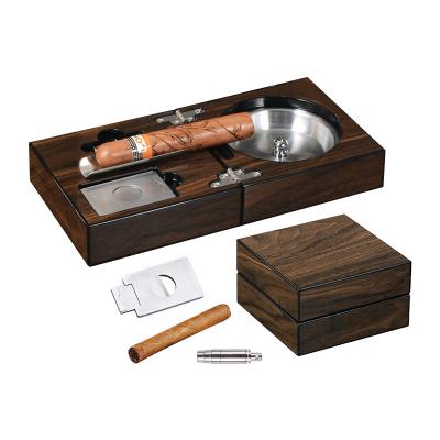 China Popular high end exquisite wooden and premium stainless steel cigar ashtray with cigar cutter and punch for sale