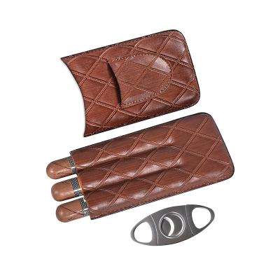 China Travel Portable Hot Selling Luxury Cigar Case Leather 3 Finger With Cigar Cutter Cigar Accessories for sale