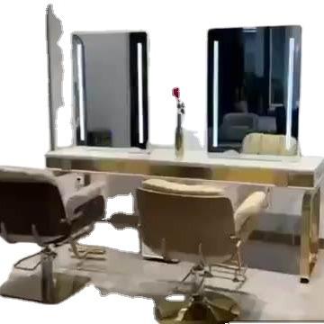 China CE Eco-Friendly, GS Approval Hair Styling Station Barber Shop Mirrors With Led Lights Gold Silver Frame Salon Wall Mounted Mirror for sale