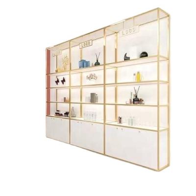 China Eco-friendly Barber Store Wall Shelf Beauty Shop Interior Design Cosmetics Salon Display Cabinet Rack Makeup Product Display Stands for sale